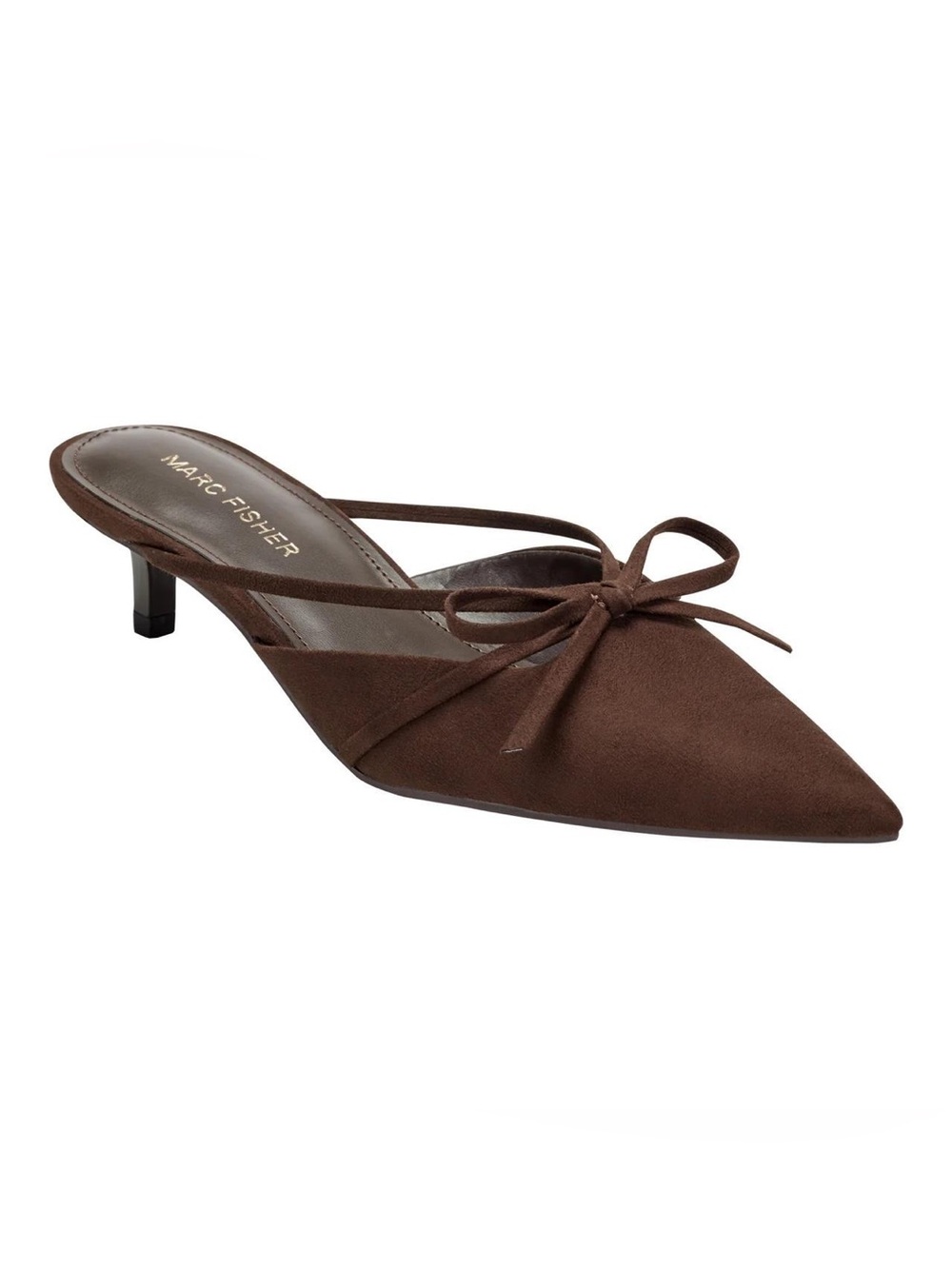 Marc Fisher Brown Suede Pointed-Toe Bow Kitten Heel Mule